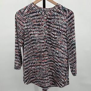 NYDJ Abstract Print Band Collar Button Up Blouse Multi-Color Small